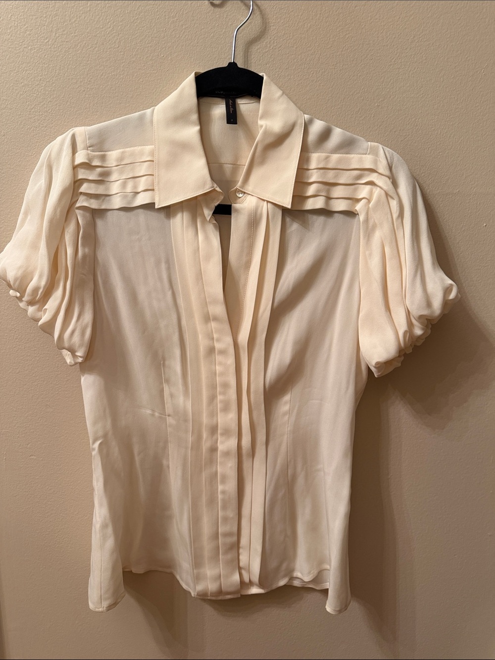 BCBGMaxAzria silk Cream Pleated Short-Sleeve Silk Blouse